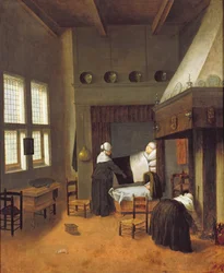 Interior de dormitorio con madre y recién nacido